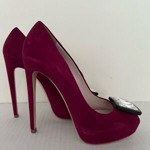 Miu Miu Crystal Embellished Suede Peep Toe Platform Pumps